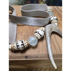 Twine & Twig Antler and Bead Necklace Signature Branded Suede Strap Taupe Rustic